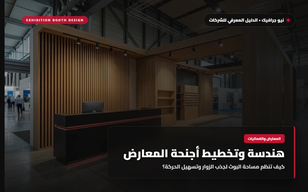 جناح معرض تجاري دولي مفتوح بقواطع خشبية طبيعية شرائحية وكاونتر استقبال أسود مطفي مع إضاءة ليد قرمزية سفلية وأرضية خرسانية لامعة