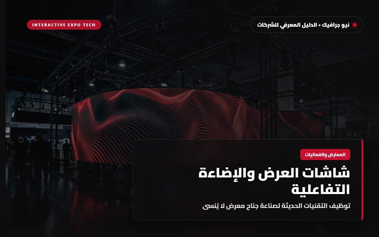 جناح معرض تقني سينمائي يضم شاشة فيديو ليد عملاقة منحنية تعرض موجات فنية تجريدية بلون قرمزي وفحم مع جملونات إضاءة مسرحية وأرضية إيبوكسي سوداء