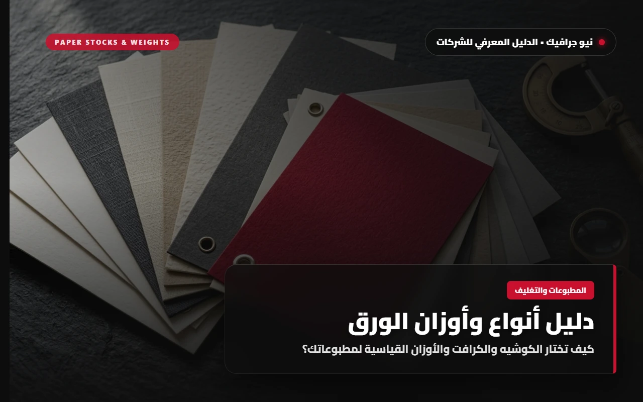 مروحة عينات أوراق فاخرة متنوعة الأوزان والملمس تنتشر على حجر داكن مع شريحة بارزة باللون القرمزي الملكي وميكرومتر قياس نحاسي