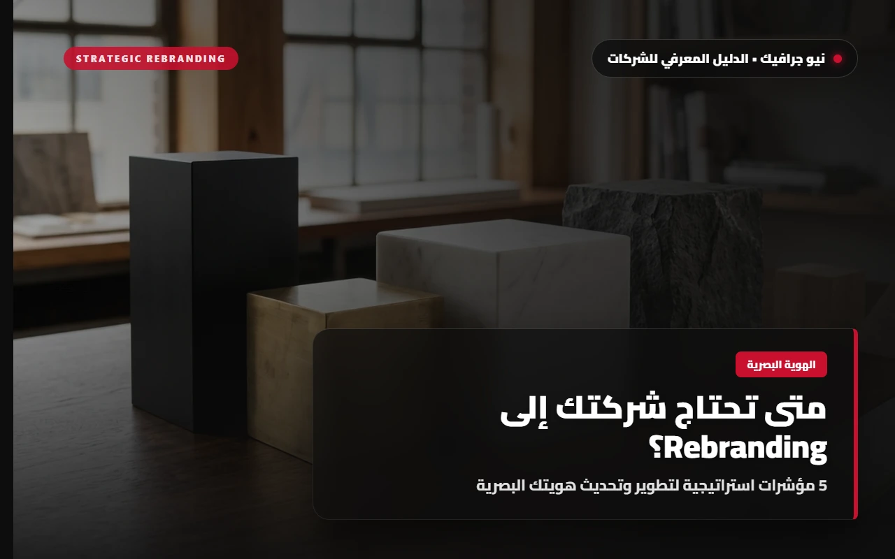 تكوين بصري تجريدي لخطوط هندسية متقاطعة وأشكال مربعة قرمزية تعبر عن مرحلة التحول المؤسسي والتجديد البصري