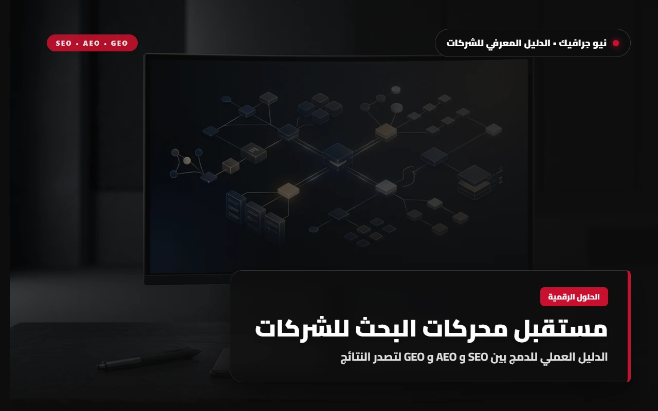 تكوين بصري تجريدي لمنشور هندسي يكسر حزمة ضوئية إلى متجهات بيانات قرمزية وبيضاء ترمز لمحركات البحث والإجابة الذكية