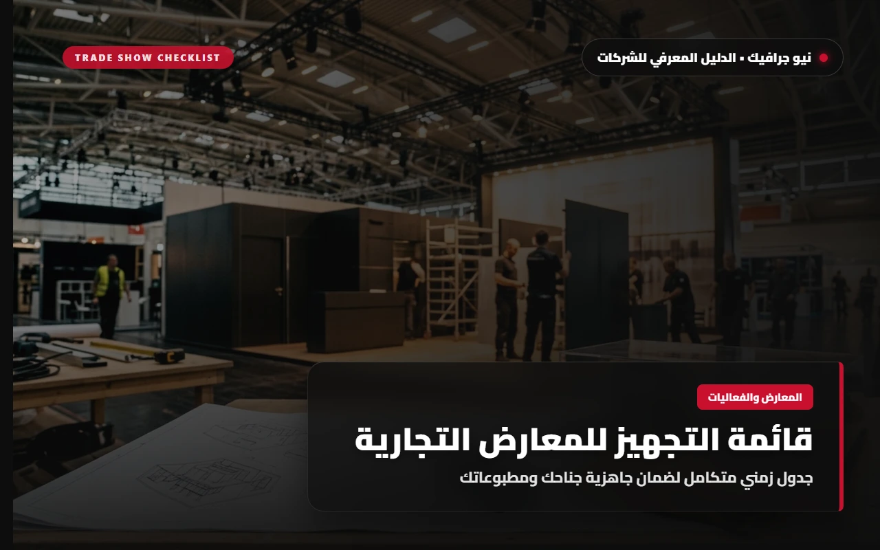 مخطط شبكي معماري تجريدي بخطوط فحمية وقرمزية يرمز للجدول الزمني المنضبط والجاهزية اللوجستية للمعارض التجارية